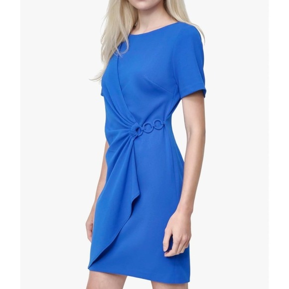 DKNY Womens Cobalt Royal Blue Ruched Side Ring Faux Wrap Sheath Dress Size 2 - Picture 2 of 10
